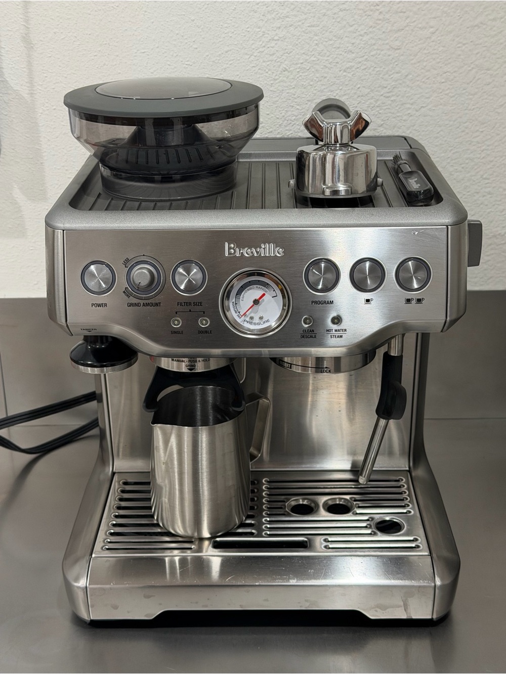 Breville Brushed Stainless Espresso Machine with Black Hopper